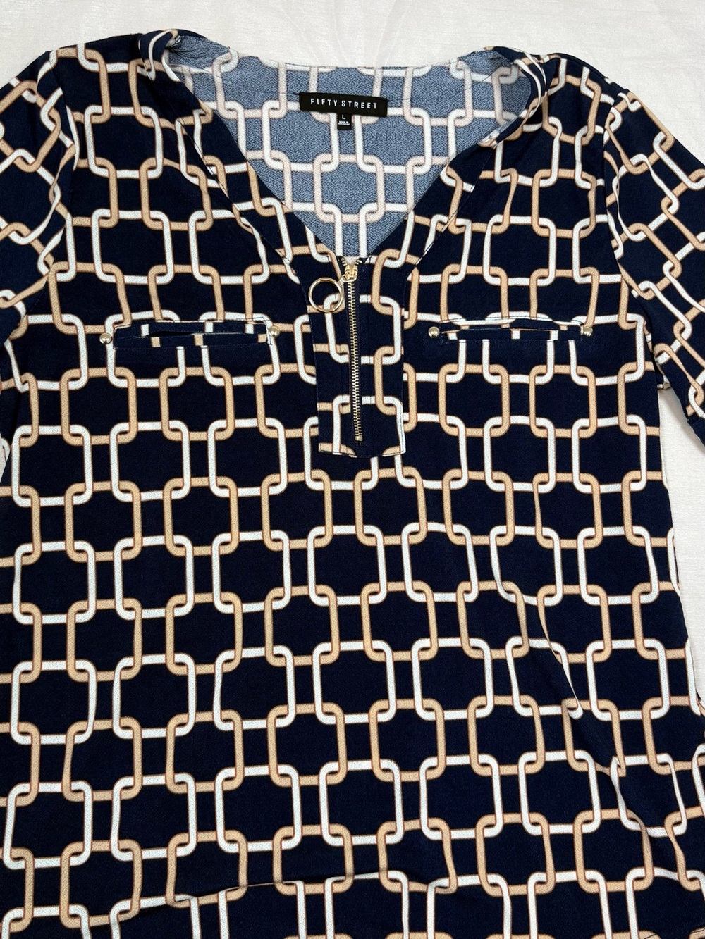 Fifty Street Navy Chain-Print Zip V-Neck Tunic